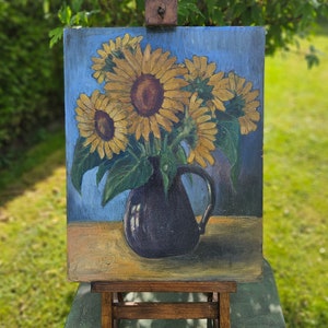 ヴィンテージ フランス 抽象 静物画 油絵 ボード 花 ひまわり 水差しの中のトゥルヌソル 表現主義 アートワーク 1950 年代