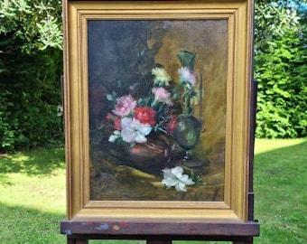 Antique French Artist-signed Still Life Oil on Canvas Tableau-Multi-florals & Tall Green Glass Vase-Professionally Cleaned, Original Frame