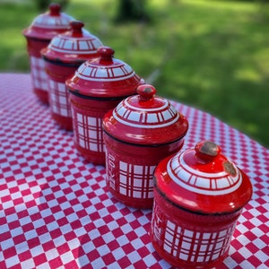 Striking Rare Set of Antique French Vivid Red & White Bistro Check Graduated Enamel Storage Jars / Cannisters,FAB Vintage French Kitchenalia