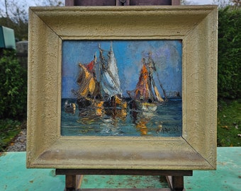 Vibrante cuadro vintage francés de mediados de siglo con técnica de impasto, pintura al óleo sobre tabla, obra firmada, c. 1950.