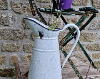Fab Antique French Sublimely Blue Marbled Chic Shabby Enamel Water Jug Pitcher Jug, Pail circa.1930's,Tall Large Watering Jug-Jardin Perfect