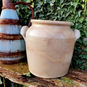 Fab authentieke Franse Vintage Steengoed Medium Confit Pot / Jar-Ancien Pot à Confit / Gres en Faience-Twin Handled, Handgedraaid, Grote Patina