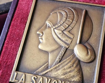 Atemberaubende Vintage Französisch Bronze Medaille LA SAVOYARDE c.1958 in Original Etui-signiert / Graviert von Charles-Maurice Favre-Bertin-circa.1887-1960