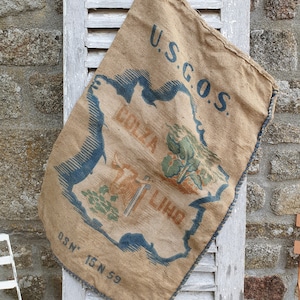 Saco de arpillera francesa vintage único, de cáñamo y lino, con colza de la Oficina del Gobierno de los Estados Unidos, mapa de Francia, imagen de toro de LIHO, ideal para proyectos de hogar vintage, 1930