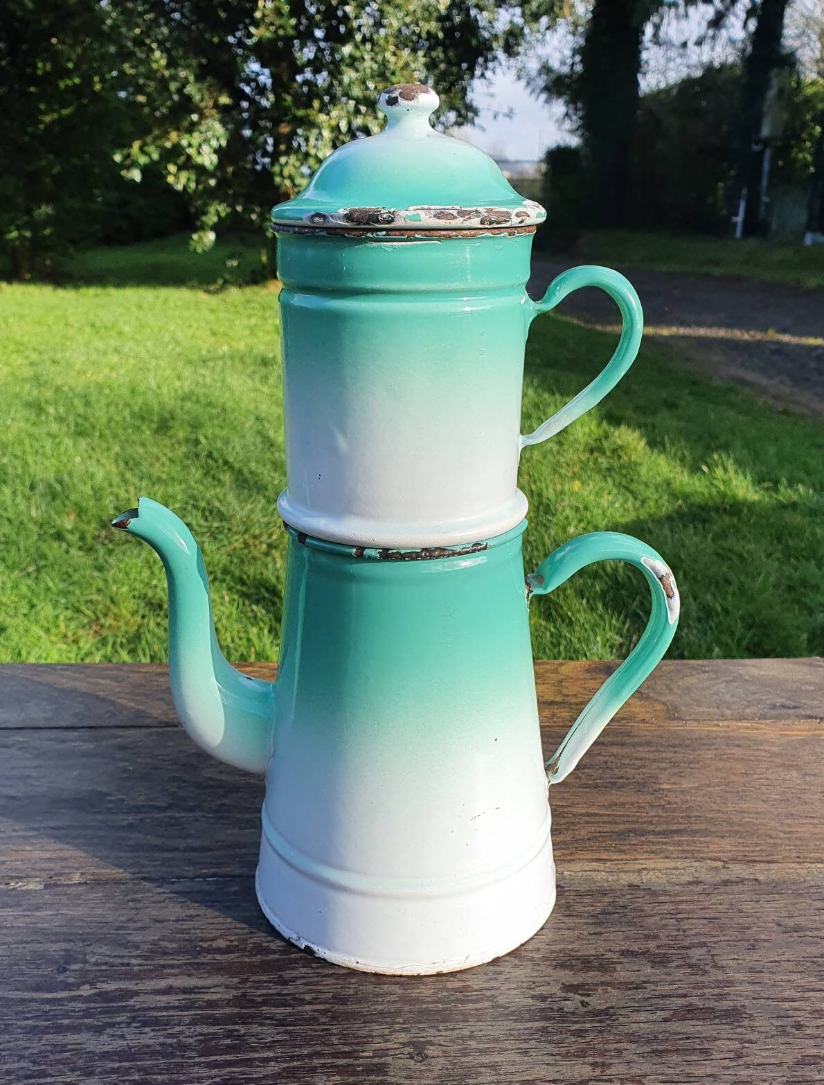 striking Antique Français Vivid Graduated Jade Green & White Enamel Émail Biggin Coffee Pot/Cafetier