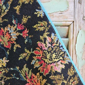 Stunning Unique Antique French Black Woollen Tapestry Panel-which has been edged in Contrasting Turquoise Trim-Vintage Florals & Foliage....
