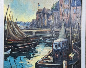 ヴィンテージ フランス製 サイン入り 海事港湾風景 タブロー絵画