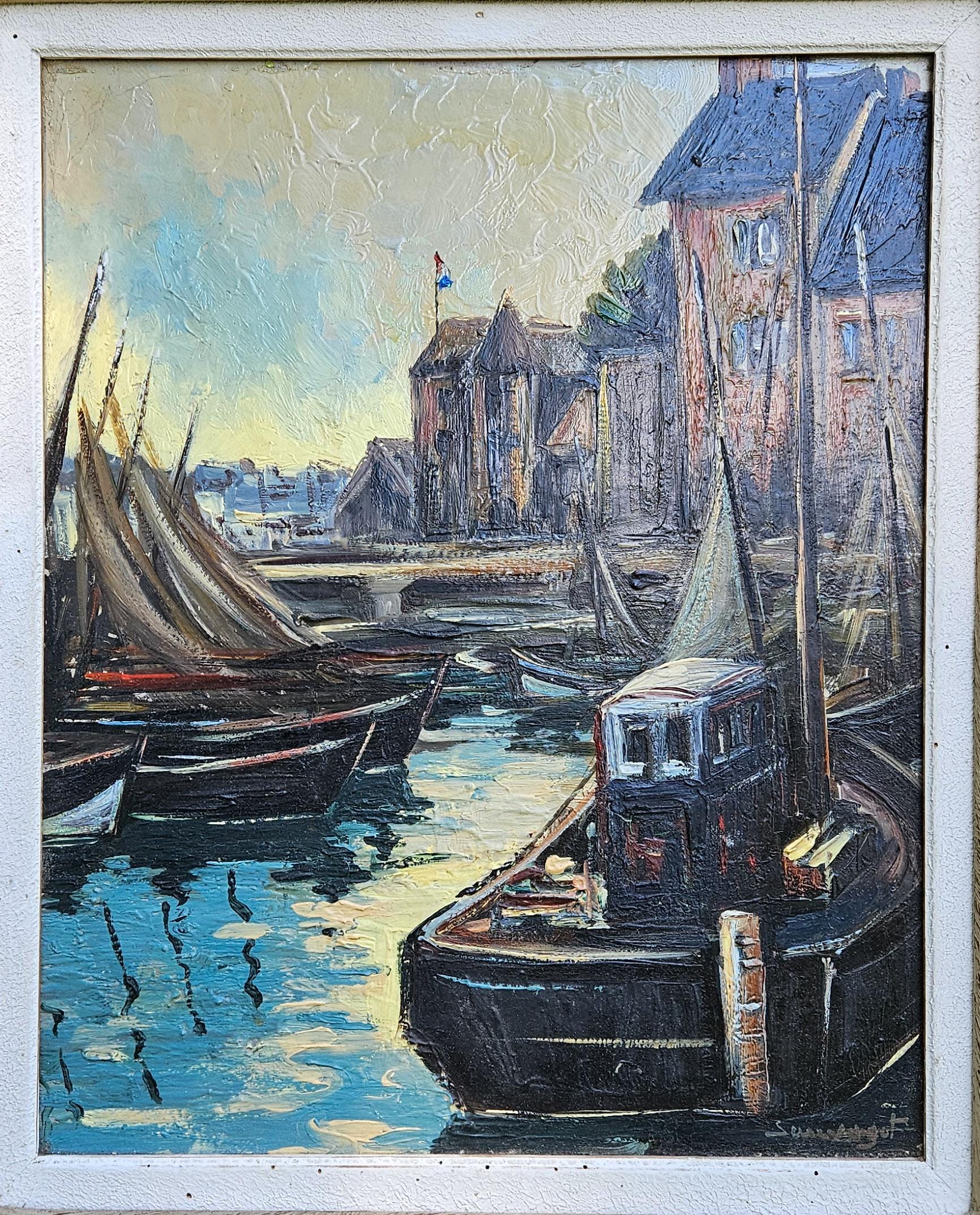 Vintage French Signed Maritime Port /harbour Scene Tableau