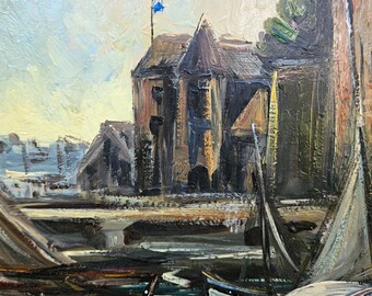 ヴィンテージ フランス製 サイン入り 海事港湾風景 タブロー絵画