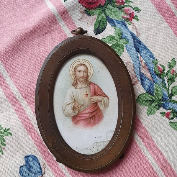 Delightful Timeworn Antique French Easel Back Oval Bronze Toleware Photo Frame with Religious Card Picture, Original Glass & Hanging Ring...