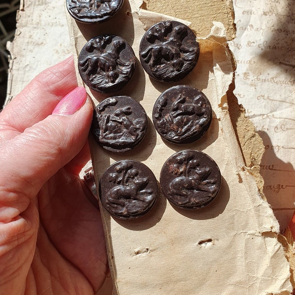 Rare set of 7 x 19thC Antique French Embossed Black Metal Hunting La Chasse Buttons-Scarce Subject Images-French Home Decor Project Perfect