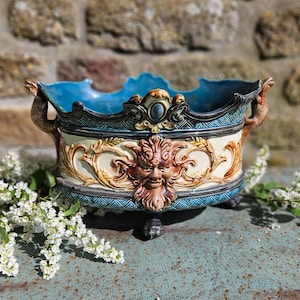 Magnificent Antique French Mythological Satyr / Fawn Majolica Barbotine Jardinière / Jardinere / Cachepot-with Lizard Handles-Incredible!!