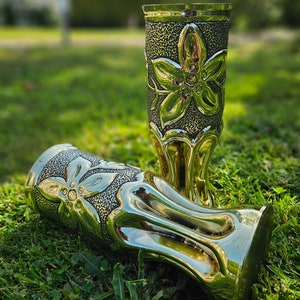 Sublime Rare Pair of Antique French-found German WWI Brass Trench Art Vases 1915 Superb Unique World War Memorabilia-Floral Roses Decoration