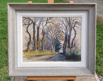 Sublime Mid-Century French Signed Watercolour / Aquarelle of a Rural Landscape,Trees,Country Lane,Rustic Wall Art, French Country Lane Image
