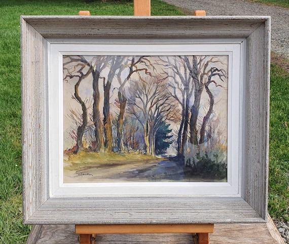 Sublime Mid-Century French Signed Watercolour / Aquarelle of a Rural Landscape,Trees,Country Lane,Rustic Wall Art, French Country Lane Image