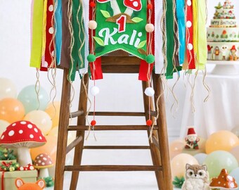 Mushroom High Chair Banner, Enchanted Forest 1st Birthday Decor, Personalized Felt Bunting