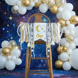 Star Moon High Chair Birthday Banner, Cake Smash Party Decorations Gold Silver