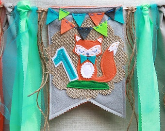 Fox Birthday Banner, Fox High Chair Banner, Fox Birthday, Woodland Birthday, Fox Birthday Decor, Fabric Banner, Fox Bunting, Fox Party