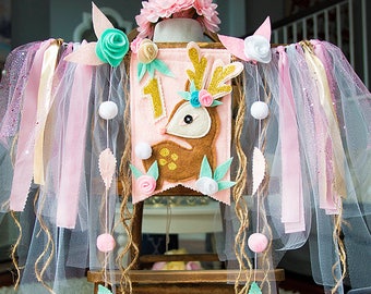 PINK GOLD Baby DEER High Chair Birthday Banner Deer Dress Birthday Baby Deer One Birthday  Woodland 1st Birthday First Cake Smash Photo Prop