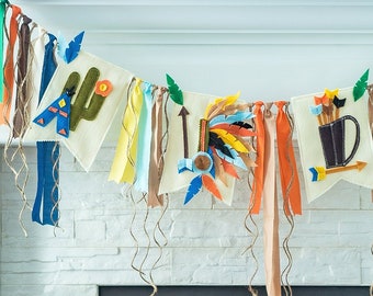 Wild First Birthday Banner, Boho Tribal Teepee and Cactus Fabric Garland One