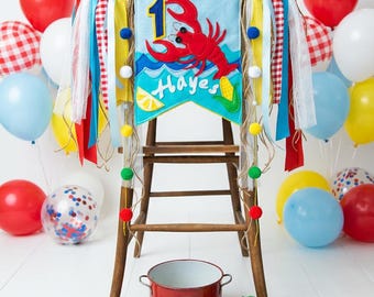 Lobster 1st Birthday Set Personalized Name Banner and Matching Party Hat, Crawfish Boil Decor
