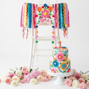 Fiesta "Uno" High Chair Banner, Embroidered Floral Garland, First Birthday Photo Prop