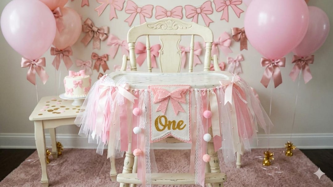 Pink Bow First Birthday High Chair Banner, Tulle Garland, Baby Girl ...