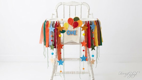 Retro Vintage 1st Birthday High Chair Banner, Circus Star Balloon First Birthday Highchair Decor