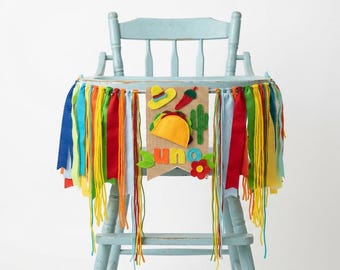 Pancarta para silla alta de primer cumpleaños "Taco Bout a Uno" - Decoración para sesión de fotos de cumpleaños con pastel estilo fiesta mexicana