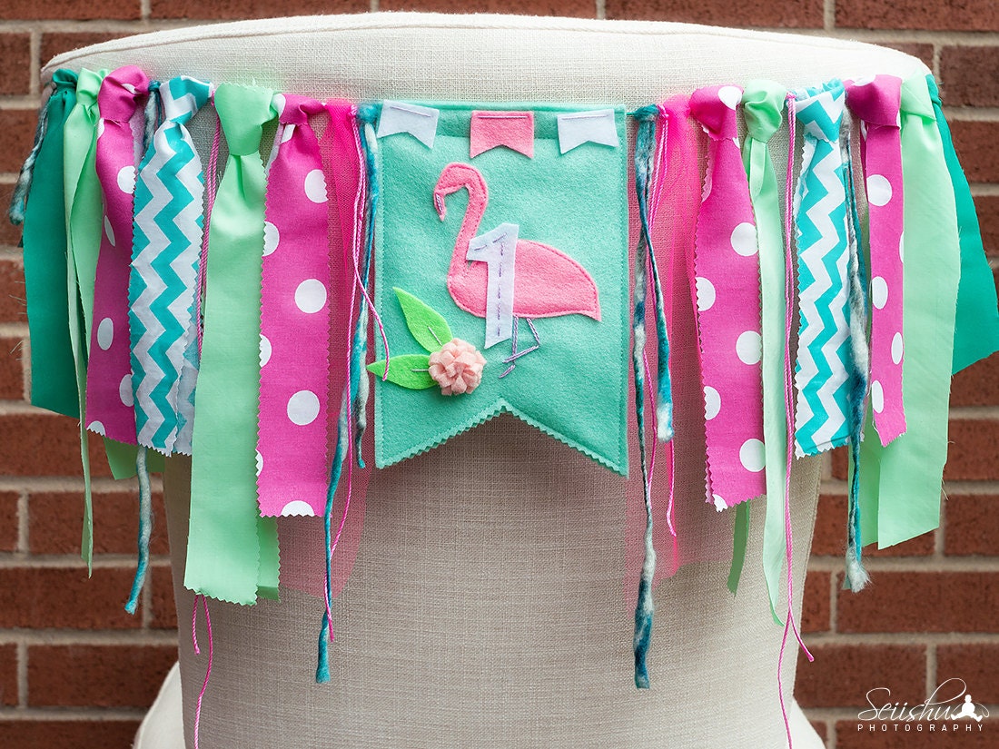 FLAMINGO Birthday High Chair Banner Pink Blue One Garland Spring Summer Birthday Banner Birthday Cake Smash Flamingo Photo