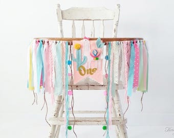 Pink Llama fiesta high chair banner, First birthday bunting garland cake smash.