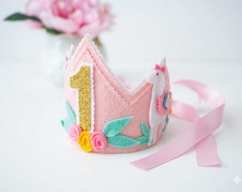 Pink Floral Llama First Birthday Crown | Felt Keepsake Party Hat (Cake Smash Prop)