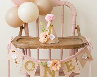 Honey Bee Birthday Hat, Floral Crown, Gold Glitter Number 1, Cake Smash Prop