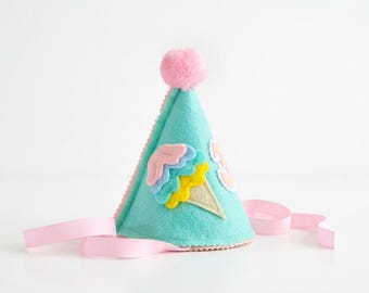 Ice Cream Cone Birthday Hat, Pastel Mint & Pink Felt Party Crown