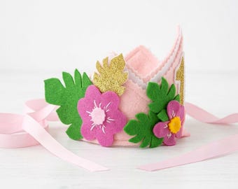 Tropical Felt Birthday Crown, Pink Floral Safari Tiara, Custom Age 1 Accessory