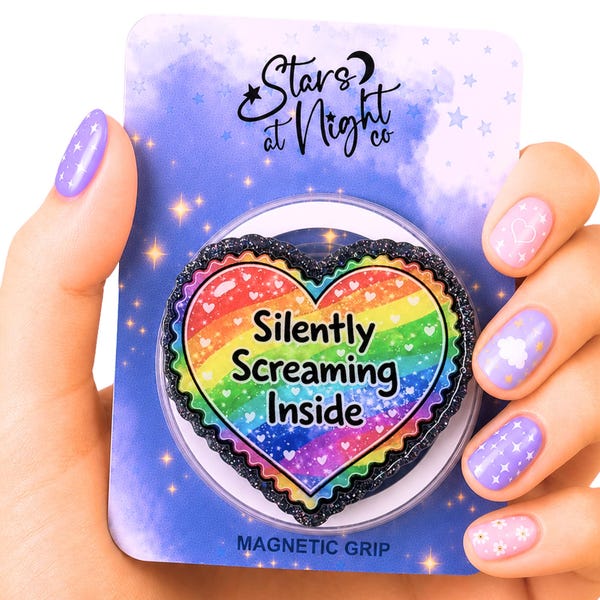 Glitter Heart Phone Grip, Rainbow Sparkle, Magnetic or Adhesive Holder