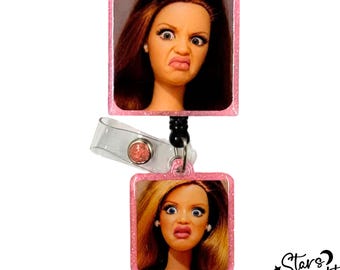 Funny Doll Face Badge Reel, Dramatic Retractable Holder, Resin Glitter Accent