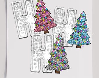 Nep pailletten Ho Ho Ho kerstboom DTF T-shirt transfer, klaar om te persen