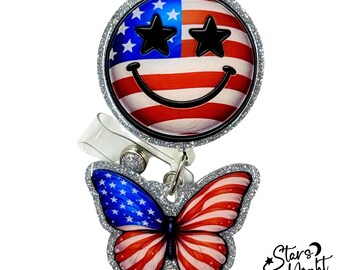 Patriotic Smiley Face Butterfly Badge Reel, American Flag Retractable Holder