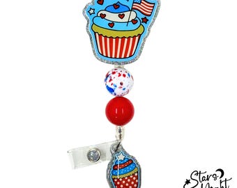 Patriotic Cupcake Badge Reel, 4th of July Retractable Holder, American USA Resin Craft