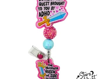 ADHD Badge Reel, Neurodivergent Side Quest Holder, Glitter Resin Badge Clip