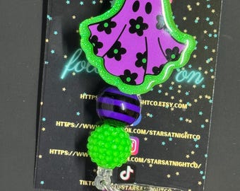 Floral Ghost Beaded Badge Reel, Spooky Halloween, Glitter Glow