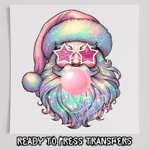 Transfert faux t-shirt holographique Père Noël soufflant à bulles, prêt à presser, transfert de sérigraphie, DTF de Noël, transfert de Noël