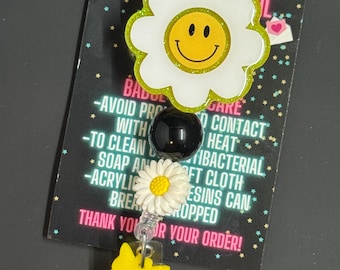 Porta-insignias Happy Daisy, Porta-insignias de flores, Porta-insignias con purpurina, Porta-insignias de enfermera, Porta-insignias de profesor, Porta-insignias con cuentas, Porta-insignias