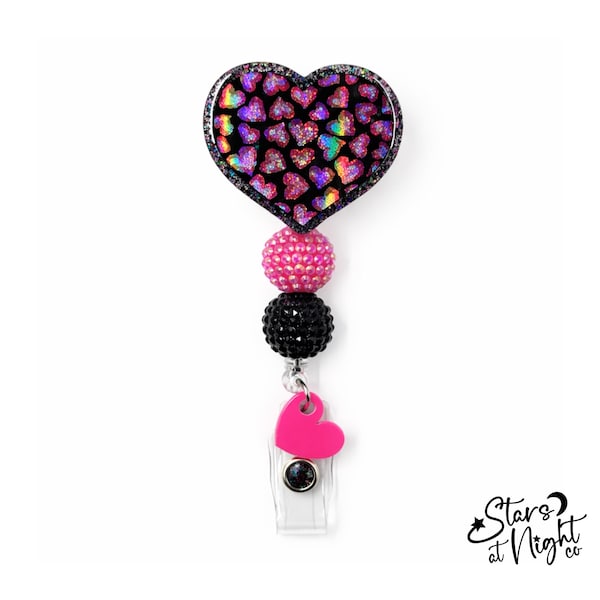 Porta credencial de corazón rosa, porta credencial con cuentas de corazón, porta credencial de San Valentín, porta credencial con purpurina, porta credencial, porta credencial de enfermera