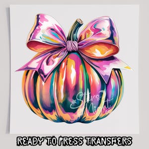 Faux Holographic Pumpkin With Bow DTF T-Shirt Transfer, Ready To Press Transfer, Screen Print Transfer, Fall Transfer, DTF, Thanksgiving