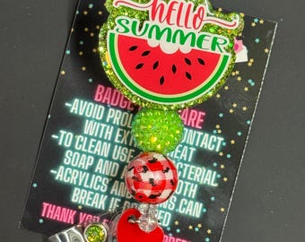 Watermelon Glitter Badge Reel, Beaded Swivel Clip