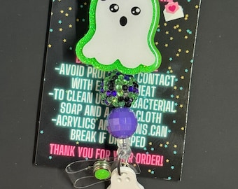 Ghost Beaded Badge Reel, Spooky Halloween, Glitter Accent