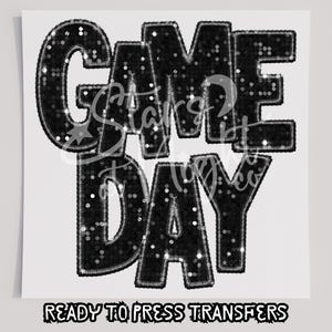 Faux Pailletten Spieltag Schwarzes T-Shirt Transfer, bereit zum Pressen Transfer, Siebdrucktransfer, DTF, direkt zum Film, Sport-DTF