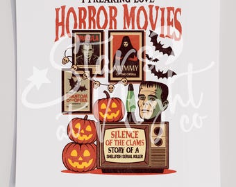 May include: A graphic design featuring the text I FREAKING LOVE HORROR MOVIES, posters for Dracula, Mummy of the Opera, and Phantom of the Opera, a stack of two jack-o'-lanterns, a lava lamp, Frankenstein's monster, and a TV showing SILENCE OF THE CLAMS.